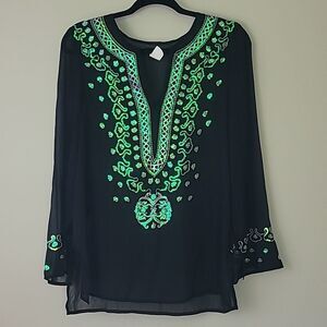 Venus Black Long Sleeve Sheer Tunic/ beach cover up with Sequins. Size Small